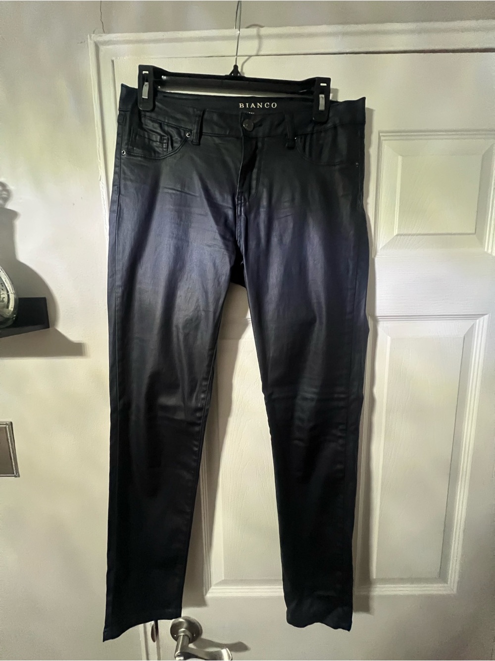 Navy Blue faux leather skinny jeans woman